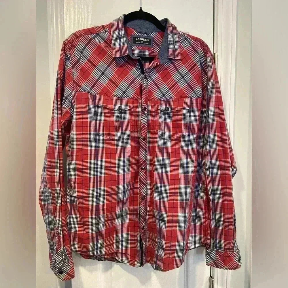 Express Men Long Sleeve Collared Snap Front Shirt Pockets Red Blue Plaid Size L